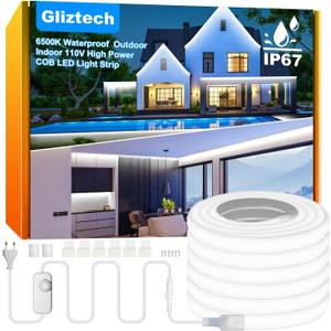 Gliztech IP67 Waterproof COB LED Strip Lights AC 110V-120V Direct Plug, 100FT Super Bright Outdoor Strip Lights with Double Fuse Controller, 6500K White LED Strips for Garden Patio Commercial Decor