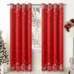 BGment Red Christmas Curtains for Living Room, Grommet Christmas Decoration Window Blackout Curtains with Christmas Tree and Snowflake Print, 2 Panels, Each 52 x 84 Inch, Red
