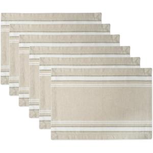 DII French Stripe Dining Table Collection Farmhouse Style Placemat Set, 13x19 Inches, Taupe/White, 6 Piece