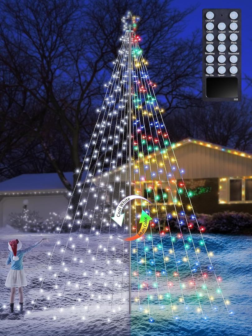 Lomotech Color Changing Christmas Tree Lights - 16Ft 664 LED with 10.5" Topper, Remote Controll Waterproof Iron Pole Waterfall Lights for Outdoor Christmas Decorations (White to Multicolor)