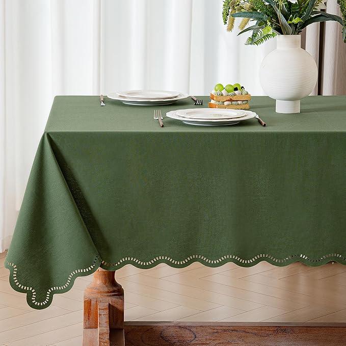 Moss Green Rectangle Tablecloth Linen Textured Waterproof & Stain Resistant Table Cloth Spring Decorative Scalloped Cutouts Farmhouse Table Cover for Dining Tables, Parties and Camping, 55 x 84 Inch