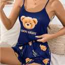 SweatyRocks Women's Cute Bear Print Satin Paiama Sets Silky Cami Top and Shorts 2 Piece Pajamas Set (Blue, M)