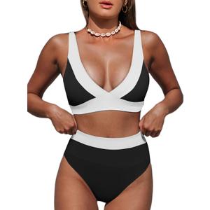Hilinker Women's Leopard Bikini Swimsuits V Neck High Waisted 2 Piece Bathing Suits (Medium, Black White Colorblock)