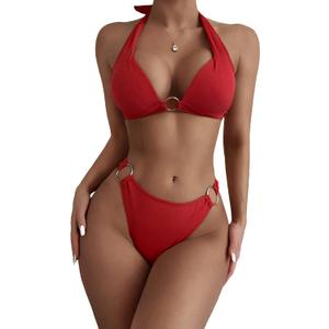 SweatyRocks Women's Ring Linked Halter Push Up Bikini Swimsuit High Stretch Bathing Suit Swimwear Set Swimming Suit Two Piece (Large, Red)