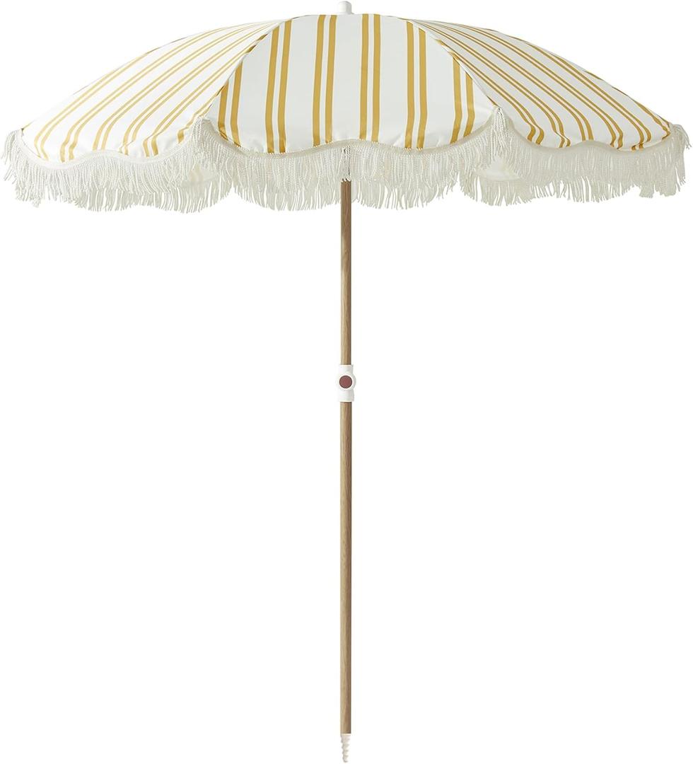 6FT Stripe Fringe Beach Umbrella for Sand with Sand Anchor, UPF 50+ Sun Shade with Tassels, Adjustable Tilt Pole, Portable Coastal Umbrella for Beach & Pool, Heritage Mimosa Stripe
