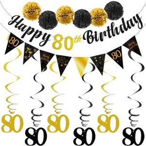 TOBATOBA 80th Birthday Decorations Kit for Men Women, Black Gold Happy 80th Birthday Banner, Triangle Flag Banner 80th Birthday Party Decorations, Swirl Streamers Paper Pompoms Party Supplies