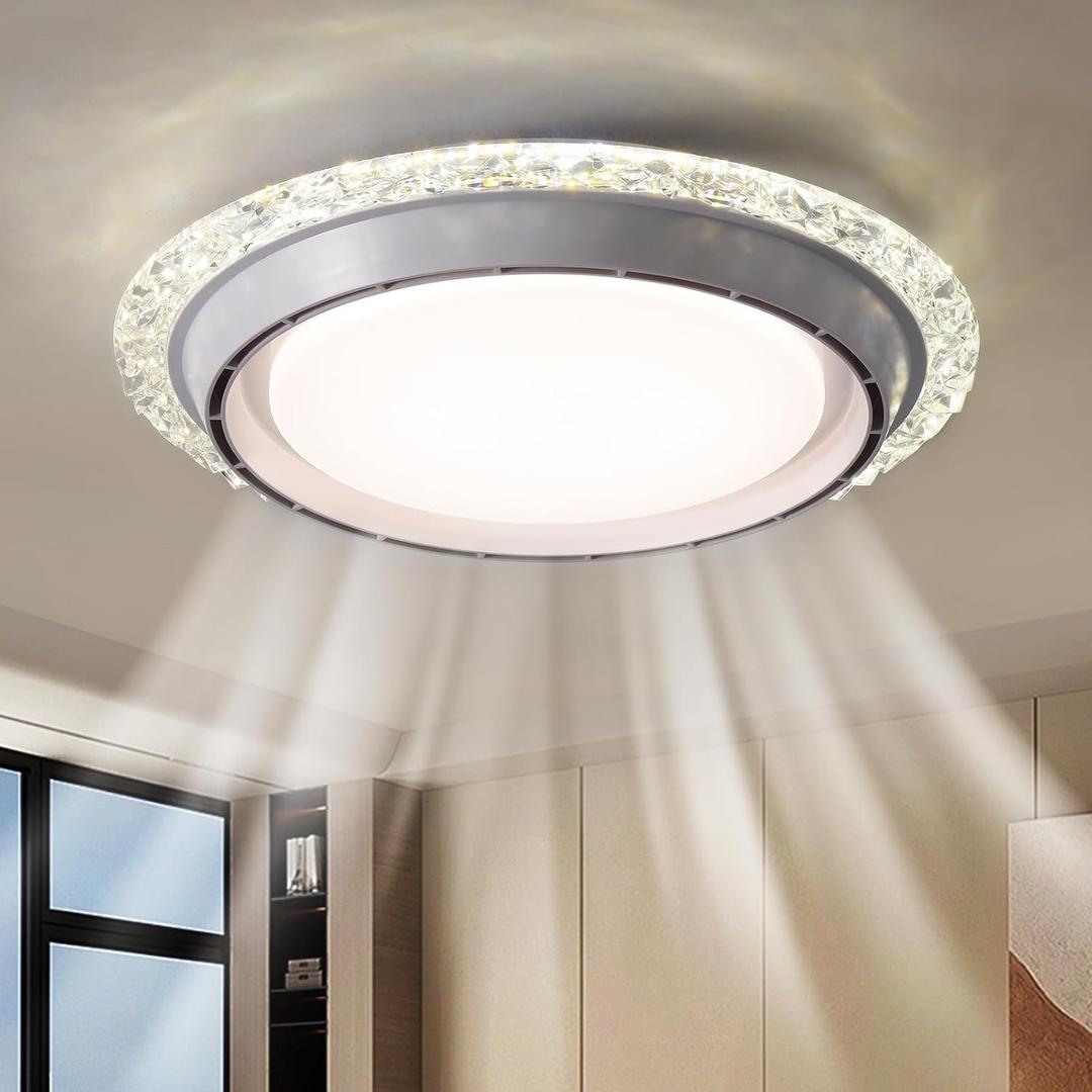 AHAWILL 19.29'' Bladeless Ceiling Fan with Light,Modern Crystal Ceiling Fan with Remote Control,Enclosed Flush Mount Fandelier,6 Wind Speed,Dimmable LED,White,for Bedroom Kitchen Dining Room, 19.69 inches