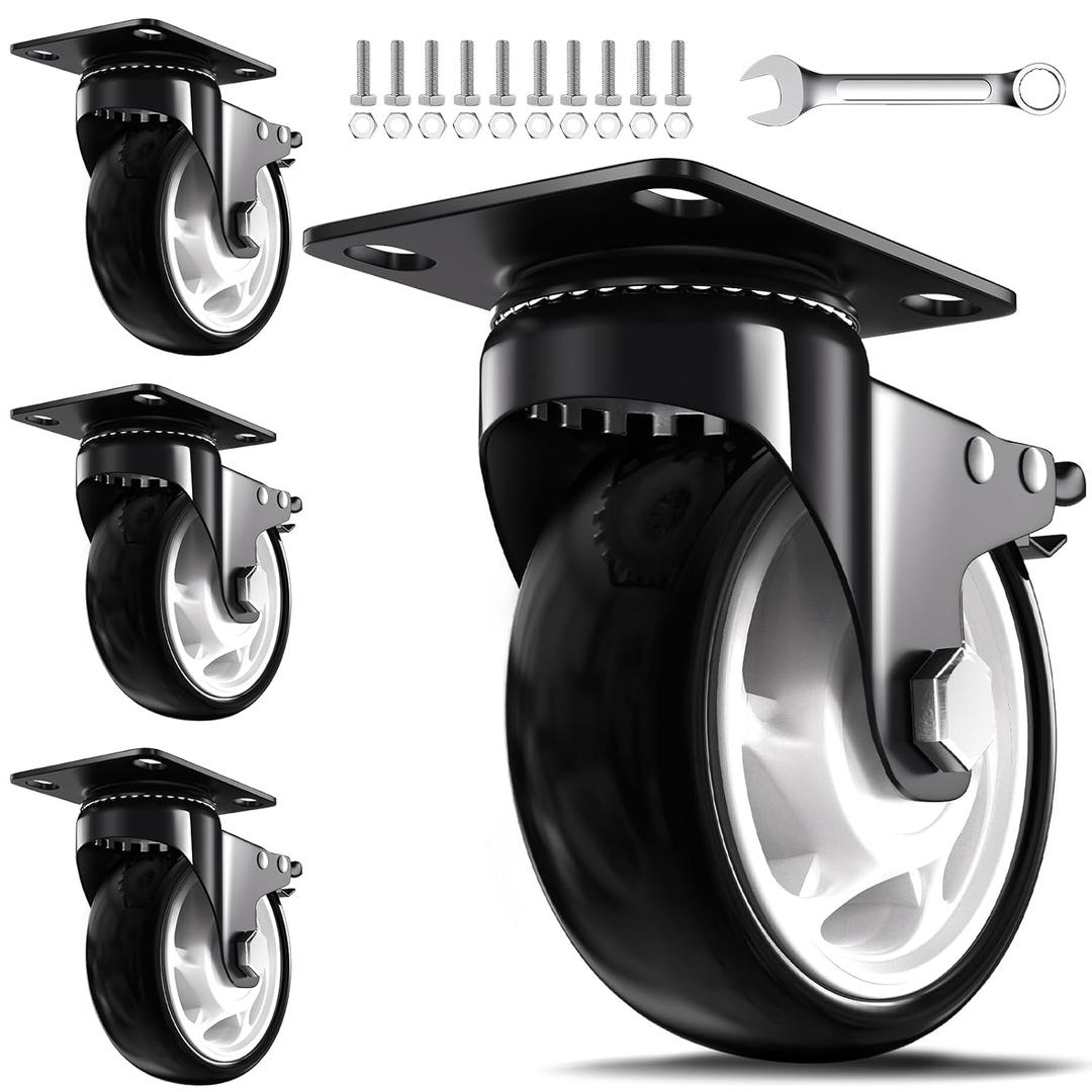 5 Inch Heavy Duty Casters, 2600lbs Capacity (Set of 4) - Industrial Swivel Caster Wheels with Brakes for Workbenches, Carts & Furniture - Floor Protecting & Quiet Roll