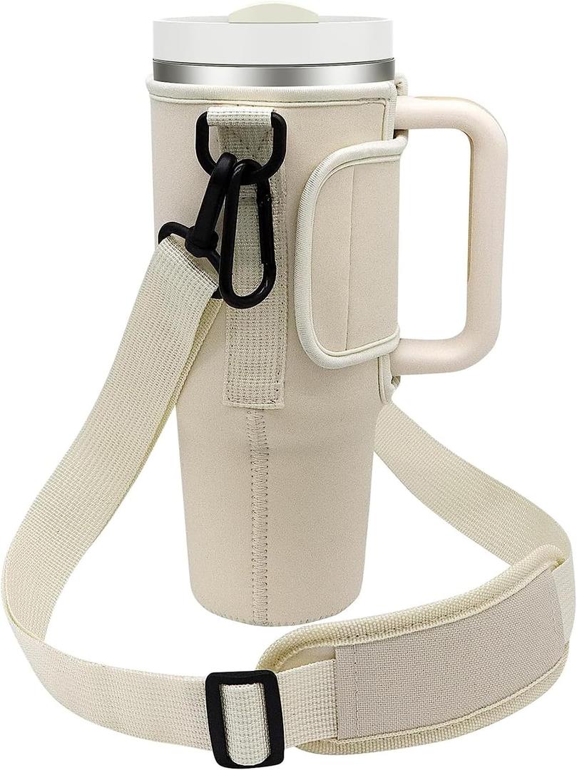 Stanley Cup Bag, Perfectly Compatible Stanley Holder with Strap, Water Bottle Carrier for Stanley Quencher H2.0 Tumbler 40 oz Tumbler Accessories Holder with Adjustable Shoulder Strap (Beige)