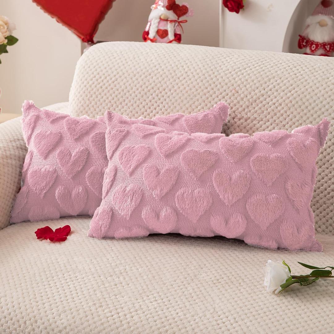 DFXSZ Valentines Pillow Covers 12x20 inch Set of 2 Valentines Day Decoration Pink Heart Soft Plush Faux Fur Jacquard Throw Pillows for Bedroom Sofa Holiday Festivals Home Decor PTK017B12