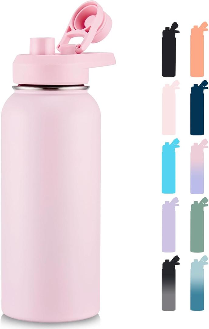 Fijinhom 32 oz Insulated Water Bottle with Handle, 304 Stainless Steel Water Bottles with Wide Mouth, Double Wall Vacuum Sports Water Bottle, BPA Free, Keep Cold and Hot, Pink