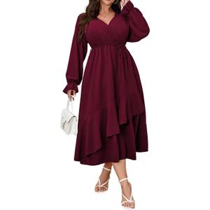 Womens Plus Size Wedding Guest Cocktail Maxi Dress Faux Wrap V Neck Long Sleeve Ruffle Hem Split Long Dress (XL)