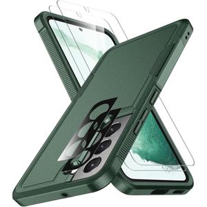SPIDERCASE Designed for Samsung Galaxy S22 Case, [10 FT Military Grade Drop Protection],2 Pack [Tempered Glass Screen Protector+Camera Lens Protector] Heavy Duty Shockproof Case,Deep Green