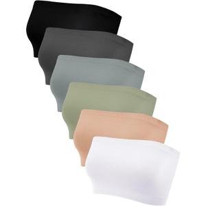 Geyoga 6 Pieces Strapless Bandeau Bras, Seamless Bralettes Stretchy Non Padded Tube Tops for Women (XX-Large, Black, Beige, White, Gray, Charcoal Gray, Olive Green)
