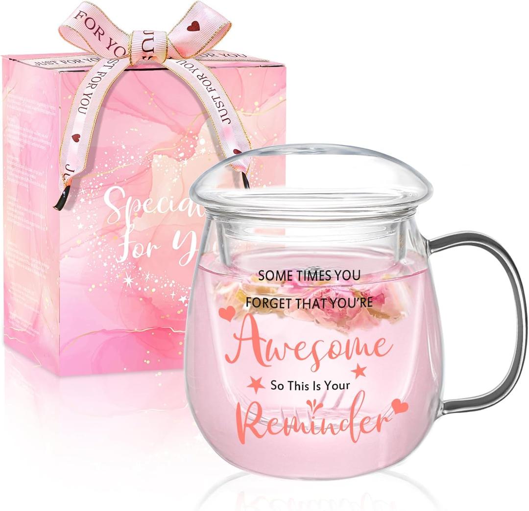 Birthday Gifts for Women, Friendship Gifts for Women, Mom Teacher Appreciation Gift Glass Tea Cup with Infuser and Lid Ideas for Tea Lovers Friends Colleagues