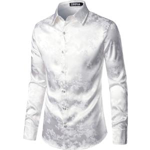 ZEROYAA Men's Shiny Satin Rose Floral Jacquard Long Sleeve Button Up Dress Shirts for Party Prom (Large, Ivory White)