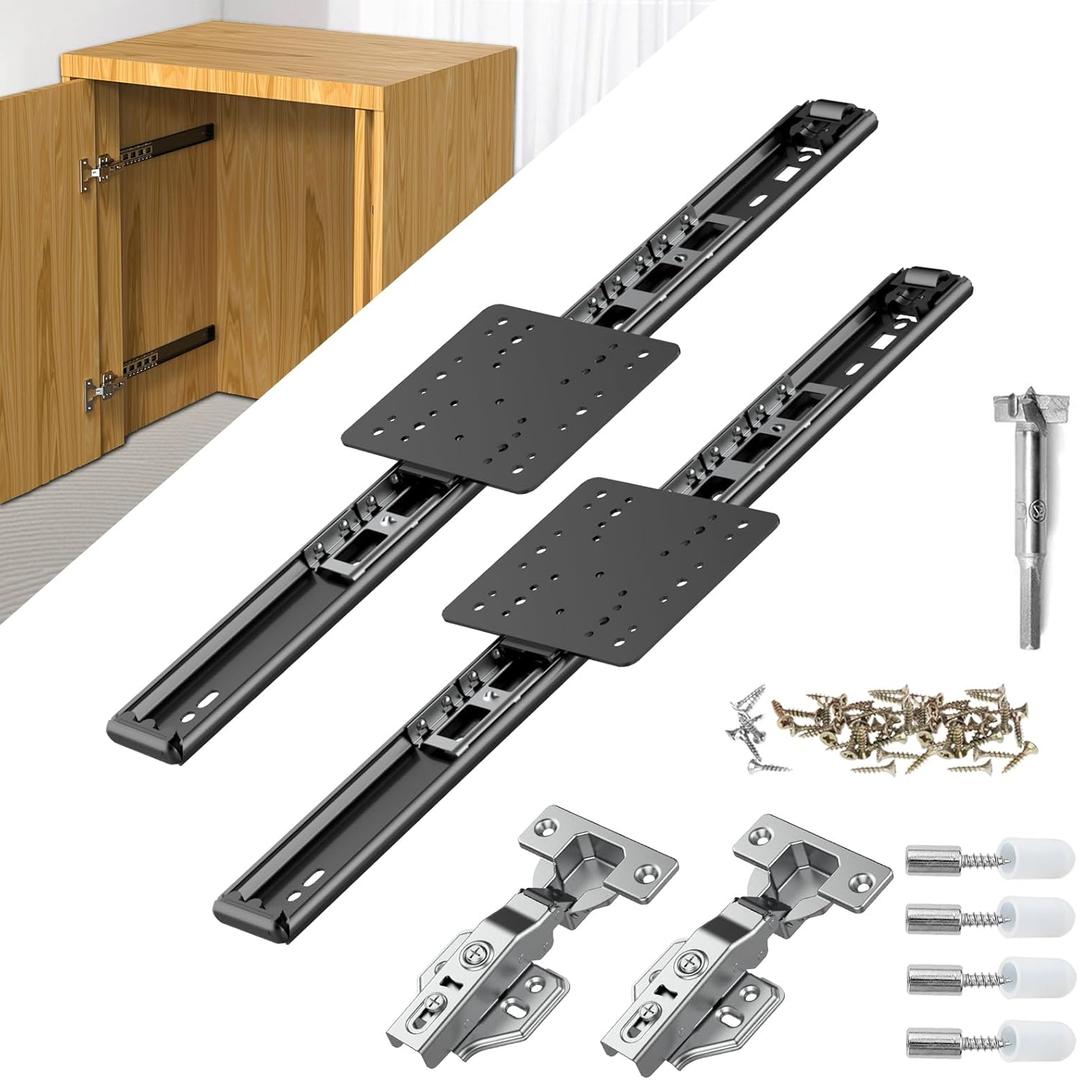 Pisman Pocket Door Slides 14 inch 2 PCS and Hardwares for Inset and Cabinet Door, Disappearing and Hidden The Slides and The Hinges