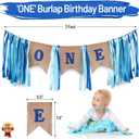 Baby 1st Birthday Boy Decorations with Crown - Baby Boy First Birthday Decorations High Chair Banner - Cake Smash Party Supplies - Happy Birthday ONE Burlap Banner, No.1 Gold and Blue Crown