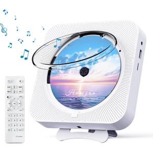 Bluetooth Portable Home CD Music Player with Remote Control, Timer, Built-in Speakers and LED Display - FM Radio Boombox (White)