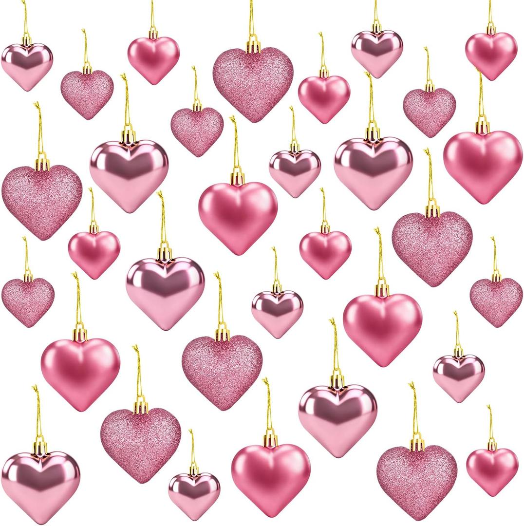 36Pcs Valentines Day Heart Ornaments, 2 Size Heart Shaped Valentine Ornaments for Tree, Pink Glitter Baubles, Anniversary Romantic Valentine's Day Tree Hanging Decorations