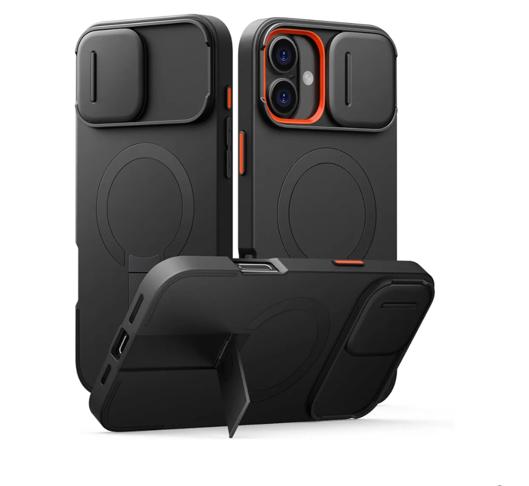 SURITCH for iPhone 16 Plus Case with Magnetic Camera Slide Cover and Adjustable Kickstand, Compatible with MagSafe, Shockproof Bumper Case Slim Protective Cover for iPhone 16 Plus 6.7 Inch, Black
