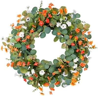 DDHS Summer Wreaths for Front Door,24 Inch Large Eucalyptus Wreath with Boxwood Leaves Three Colors of Chrysanthemums All Year Round Wreath for Indoor Outdoor Porch Farmhouse Decoration