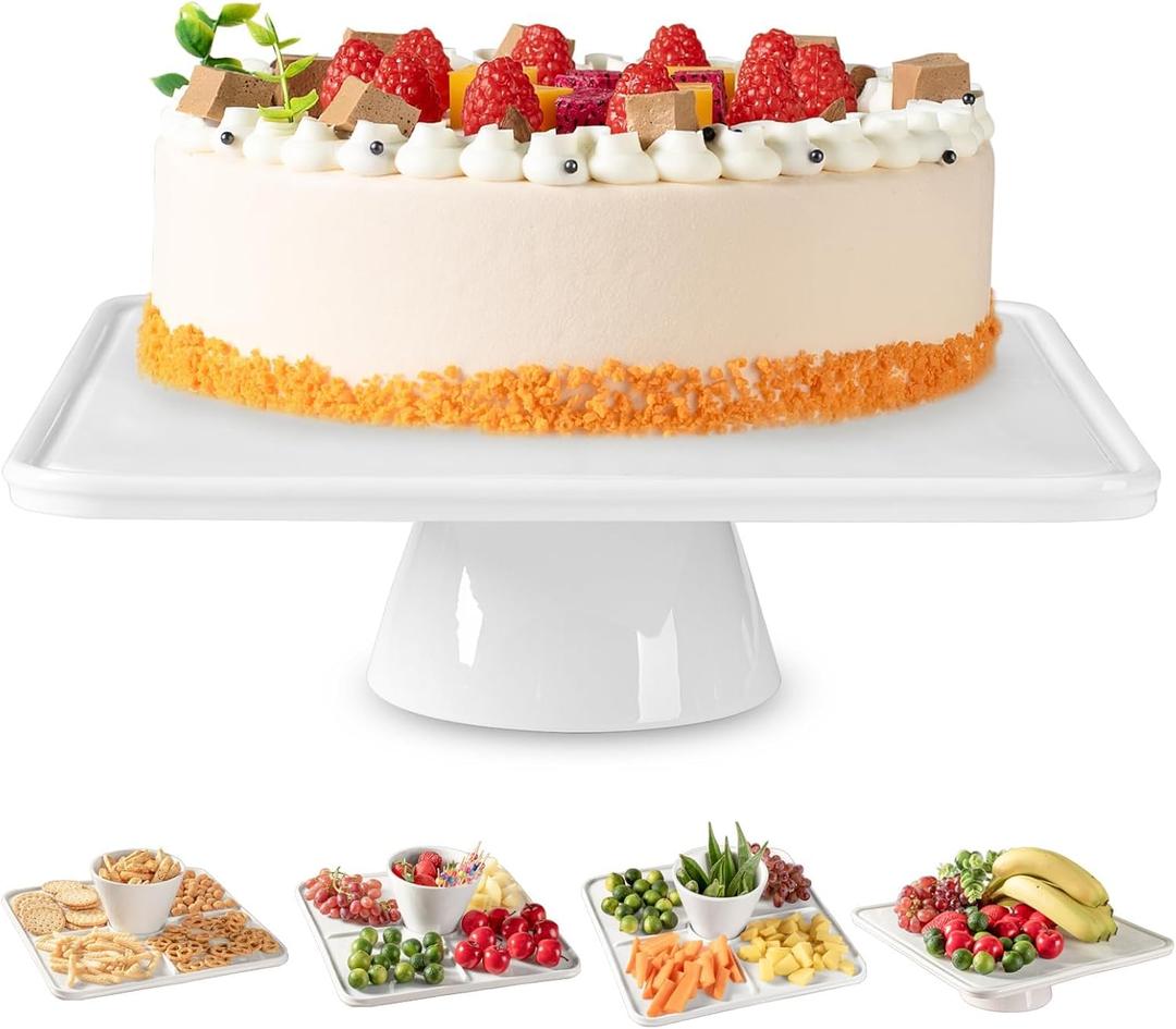 12.5" Square Ceramic Cake Stand 5-in-1 - White Pedestal Serving Platter for Wedding Birthday Party Baby Shower, Dessert Cupcake Fruit Display Stand, Multifunctional Kitchen Centerpiece (12.5" x 12.5" x 3.7")