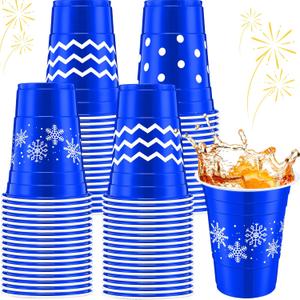 Jingmore 60 Pcs Winter Plastic Cups Bulk 16 oz Snowflake Disposable Winter Party Cups Stripes Polka Dots Drinks Cup for Christmas Holiday Birthday Baby Shower Party Supplies(Blue White,Snowflake)