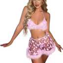 Women's Shiny Rave Outfits Holographic Halter Bra Top Mini Skirt 2Pcs Glitter Sequin Music Festival Party Clubwear (Bright Pink), S