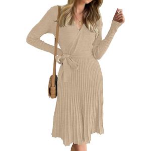 ZESICA Women's Spring Long Sleeve Wrap V Neck Ribbed Knit Pleated A Line Pullover Sweater Dress with Belt, M