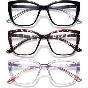 Reading Glasses for Women, 3 pack Fashion Oversized Blue Light Readers for Women, Spring Hinge Cat Eye Glasses Anti Eyestrain (A1 Black Tortoiseshell Purple, 1.75)