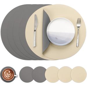 Myir JUN Round Placemats Set of 6 Faux Leather Place Mats and Coasters 15 inch Round Table Mats Dual Sided Non-Slip Stain Resistant Placemats (Gray & Wheat, Set of 6)