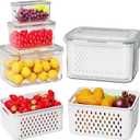 4 Pcs Fruit Storage Containers for Fridge (with Drain Basket) - Leak-Proof Food Containers, BPA-Free, Keep Fruits, Vegetables, Berries, and Meats Fresh for a Long Time, Dishwasher and Microwave Safe
