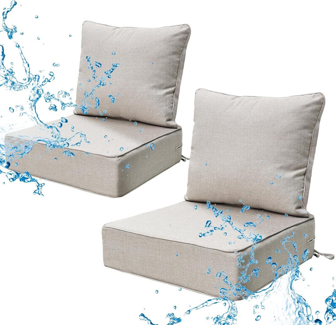 6 Inch Thick Outdoor Chair Cushions Set of 2, Waterproof, Beige, 2 Pack