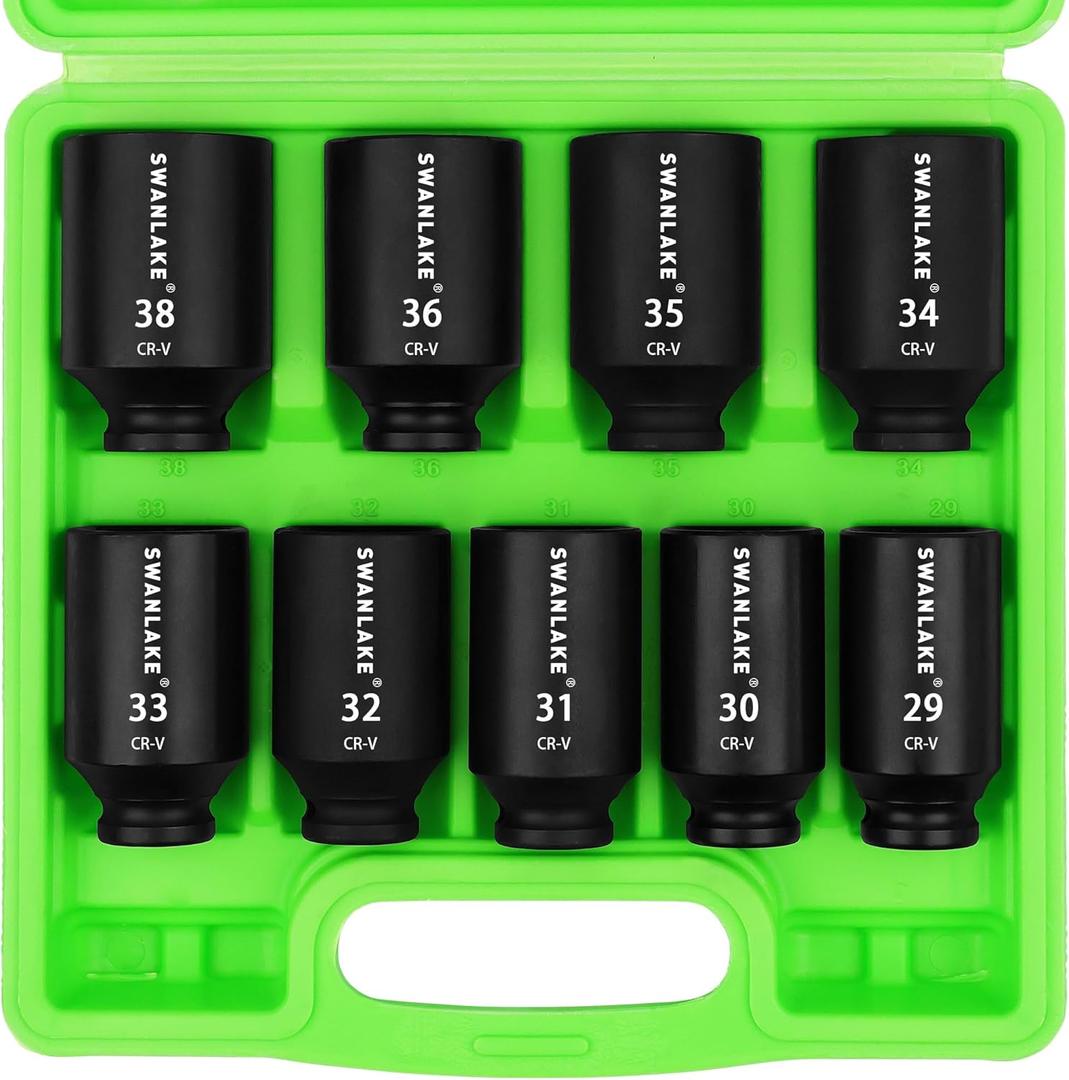 SWANLAKE 9PCS 1/2" Metric Impact Socket Set, Spindle Axle Nut Impact Socket,29mm-38mm,CR-V