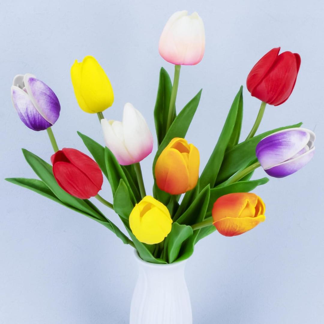 10 Multicolor Tulips Artificial Flowers - Fake Tulips Real Touch Flowers Artificial Tulips That Look Real Realistic Faux Plastic Flowers Bouquet Arrangements for Home Dining Table Decoration (Multicolor-10pcs)