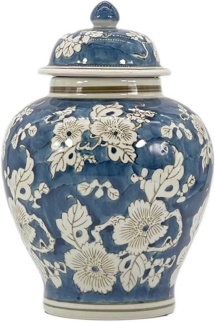 Galt International Blue and White Flower Chinoiserie Ginger Jar 12" w/Lid Ginger Jar, Tea Storage Decorative Home Decor Jar (Blue,White)