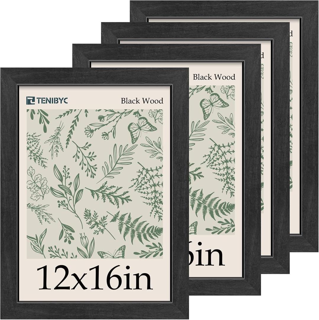 12x16 Picture Frame, Black Wood, 4 Pack, Glass, Wall Mounting