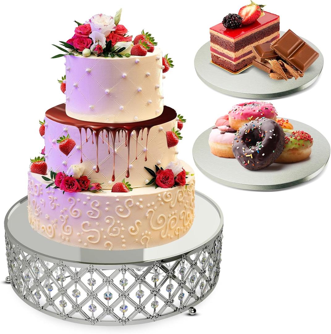 10" Inch Crystal Cake Stand – Mirrored Beaded Crystal Cake Pedestal Stand – Dessert Stand for Cupcakes, Muffins, Cake, Cheese – Elegant Dessert Table Display Set – Cake Base for Party, Wedding, Birthday