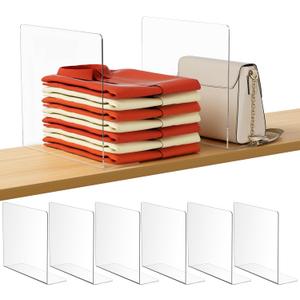 HBlife Acrylic Shelf Dividers for Closet Organization, 6 Pack Clear Sturdy Separate Closet Dividers for Shelves, Adjustable Purse Organizer for Sweater, Shirts, Handbags, Books in Bedroom and Kitchen (10" Tall X 11.29" Deep)