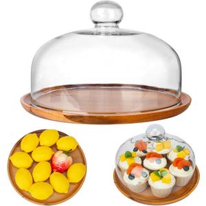 10 Inch Wooden Base Cake Display Stand with Glass Dome,Cloche Clear Glass Bell Jar Cover for Dessert Cheese Candy Plants Succulents