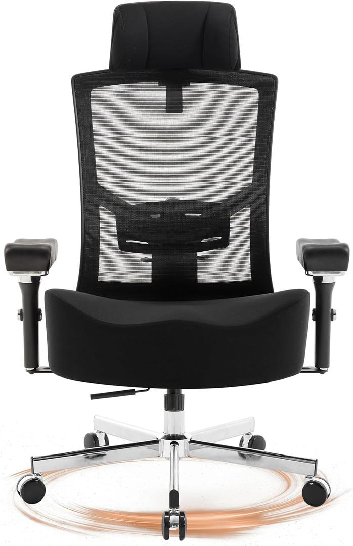 600lbs Big and Tall Office Chair,Oversized Ergonomic Breathable Mesh Desk Chair with W-Shape Thicken Seat Cushion,Computer Chair Upgraded 4D Armrest with Adjustable Lumbar Support&Headrest