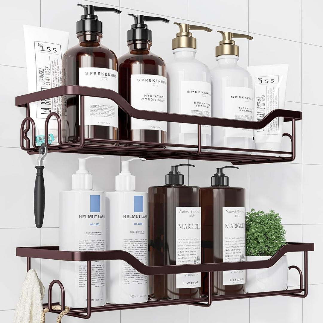 Kitsure Shower Caddy Large - Adhesive Shower Organizer, Stainless Steel Shower Shelf for Inside Shower, No Drill Bathroom Organizers and Storage, Home Decor Accessories, 2 Pack, Brown