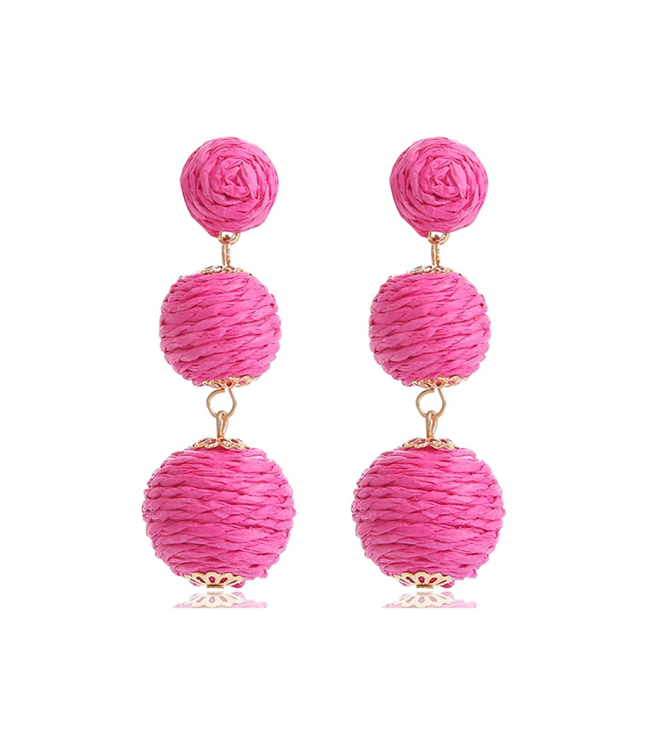 Handmade Raffia Ball Round Geometric Drop Dangle Earring Statement Summer Beach Vacation Jewelry Gifts
