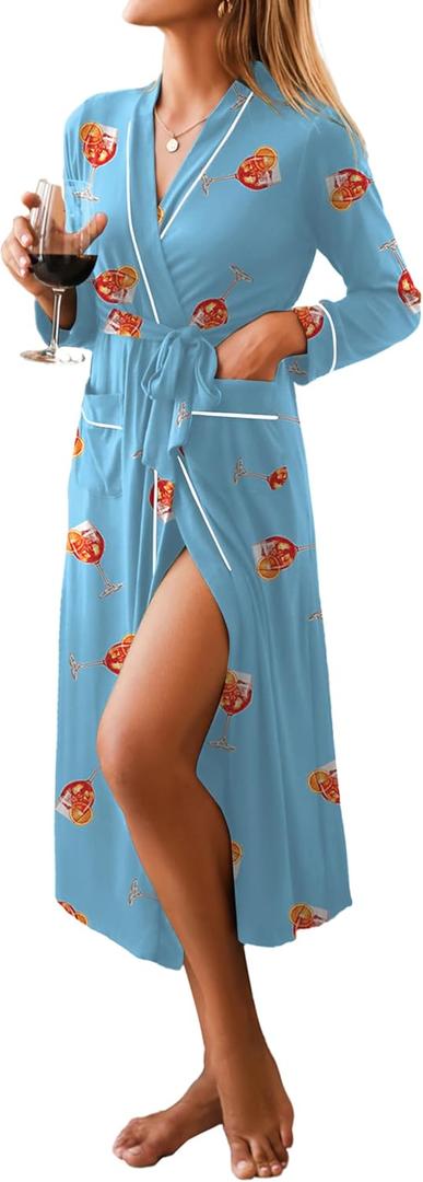 Ekouaer Women Kimono Robes Full Length Knit Bathrobe Lightweight Soft Sleepwear V-neck Casual Ladies Loungewear S-XXL (Light Blue - Juice)