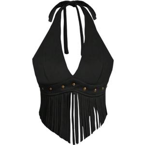 MakeMeChic Women's Fringe Rodeo Faux Suede Halter Tops Tie Backless Sleeveless Western Cowgirl Concert Outfits (Black, L)