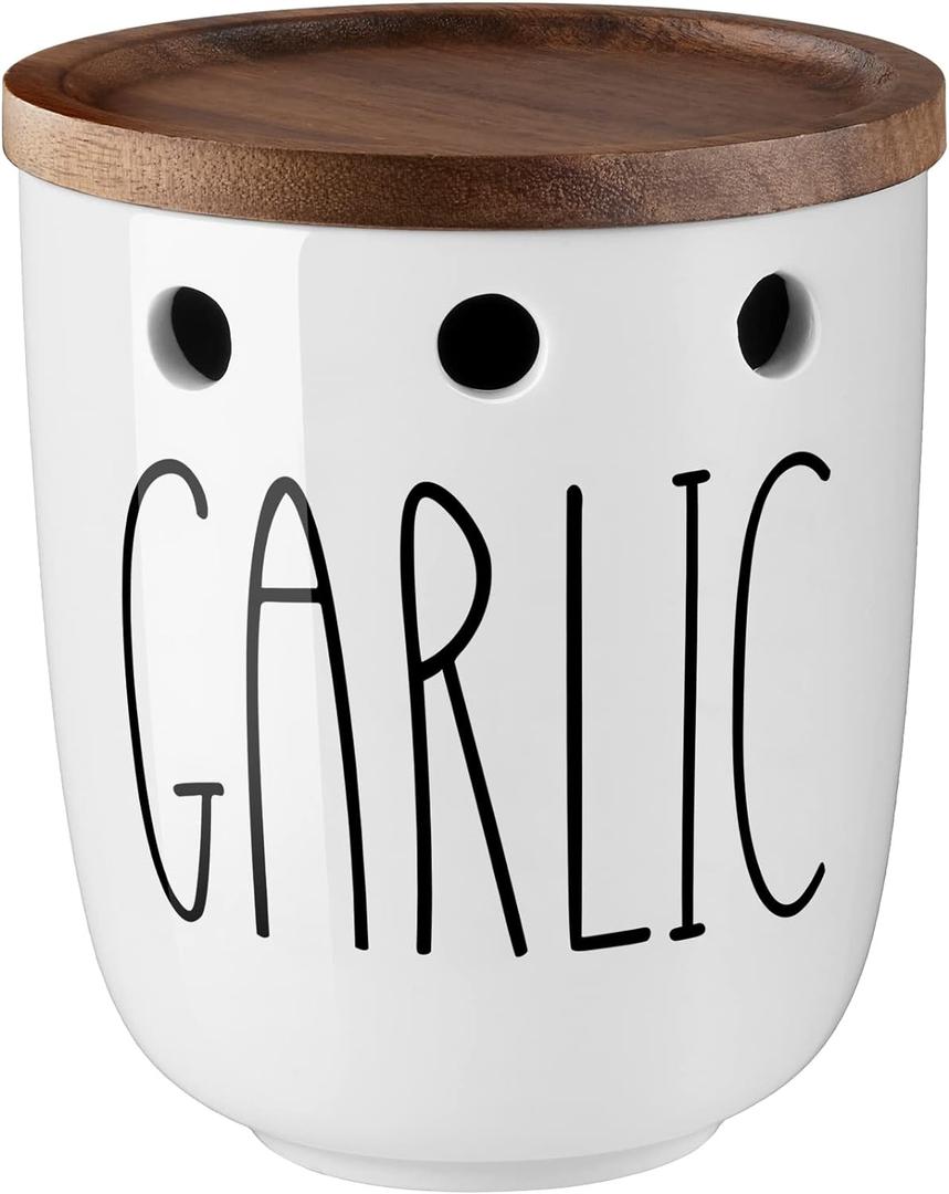 Garlic Keeper for Counter, Ceramic Garlic Keeper with Acacia Wood Lid, Garlic Holder Storage Container to Keep Your Garlic Cloves Fresh Longer, Garlic Saver for Kitchen, White