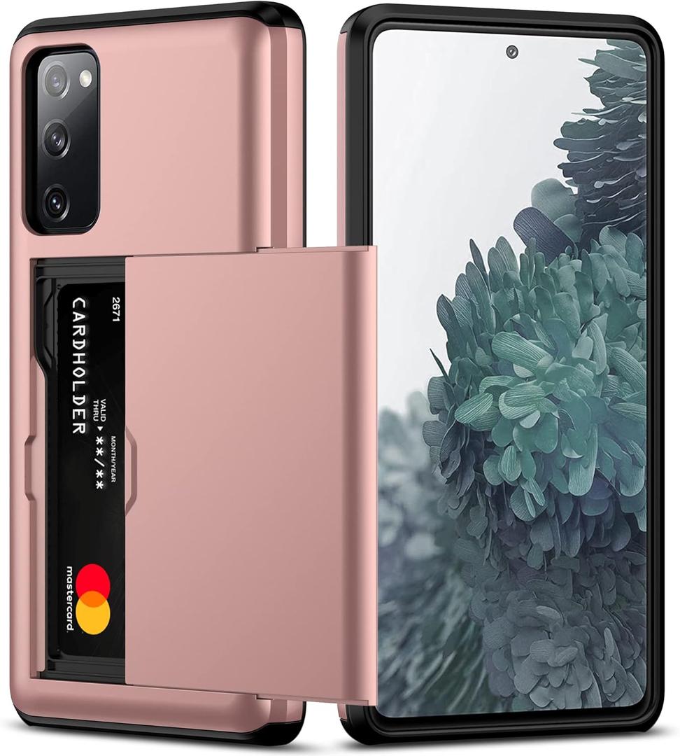 Nvollnoe for Samsung S20 FE Case with Card Holder Dual Layer Heavy Duty Protective for Galaxy S20 FE Case Hidden Card Slot Slim Wallet Cover for Samsung S20 FE 5G 6.5''(Rose Gold)
