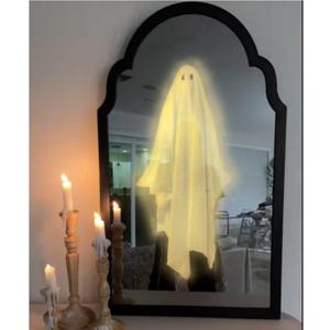 2025 Halloween Hologram Ghost Mirror  LED Spooky Haunted Mirror with Creepy Eyes, Indoor Halloween Wall Decor for Bedroom, Living Room, Fireplace, DIY Haunted House Props (Wavy Border, White Light) (Black-1)