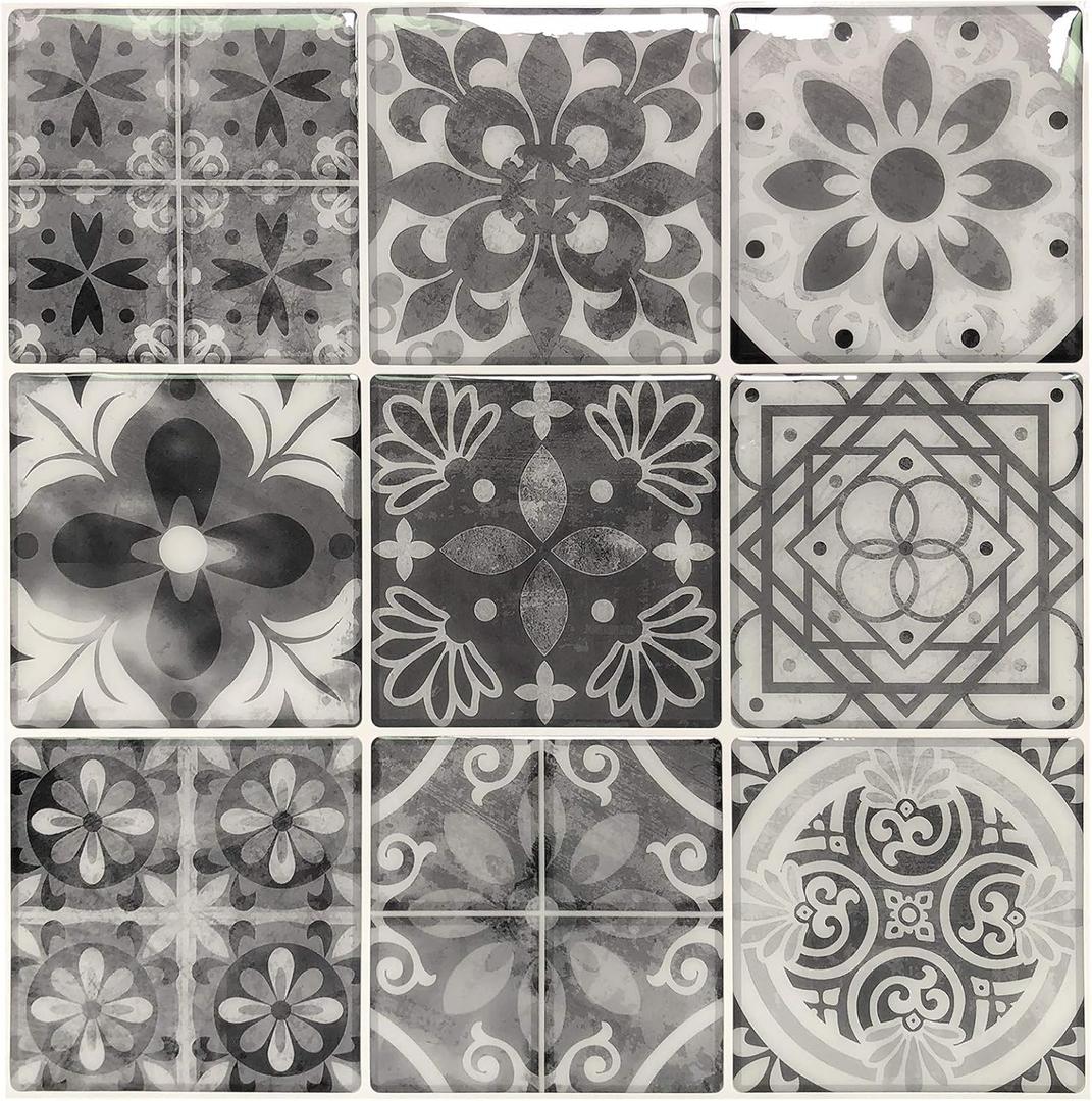Peel and Stick Backsplash Tile Stickers, Gray Talavera Mexican Tiles (10 Sheets) (Grey)